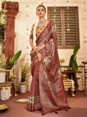 Sareemall Woven Jamdani Tussar Silk Saree(Brown)