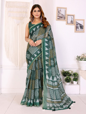 BINAKA FASHION Printed, Geometric Print, Floral Print Daily Wear Chanderi Saree(Green)