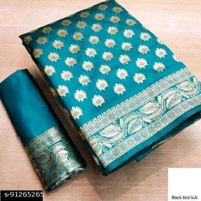 BAMOOLA FASHION Floral Print, Solid/Plain Banarasi Cotton Silk Saree(Light Blue)