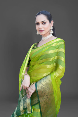 Aarunika LGF Striped Bollywood Organza Saree(Light Green, Green)