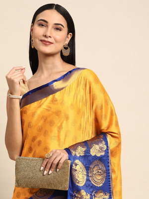 yourwish Woven, Checkered, Embellished, Self Design Banarasi Jacquard, Cotton Silk Saree(Yellow)