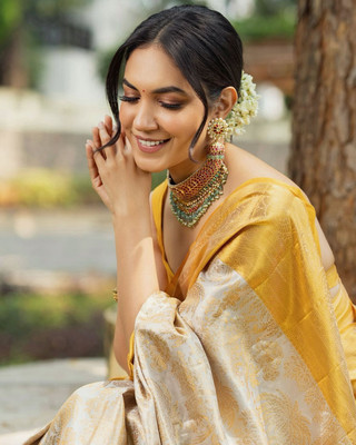 Rudr Venture Digital Print Banarasi Silk Blend Saree(White)