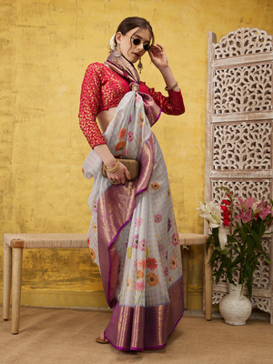 SILK ZONE Digital Print Banarasi Silk Blend Saree(Multicolor)