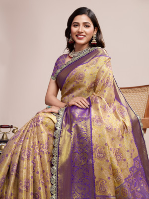 SICHYAH Printed Banarasi Pure Silk Saree(Gold)