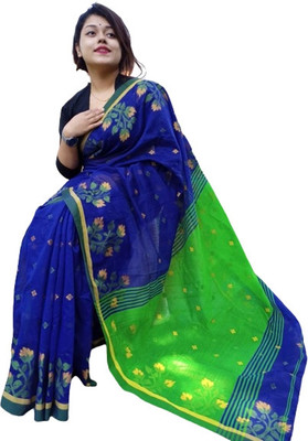 saree star Self Design Handloom Cotton Silk Saree(Blue)