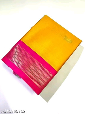 Paithani Self Design Kalamkari Silk Blend Saree(Yellow)