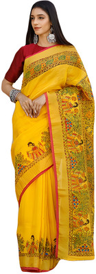 HouseOfCommon Floral Print Bollywood Cotton Linen Saree(Yellow)