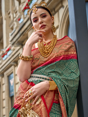 Sareemall Embellished Patola Silk Blend Saree(Green)