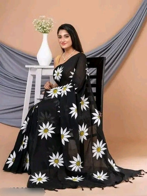 Houce Of Common Floral Print Handloom Cotton Blend Saree(Black)