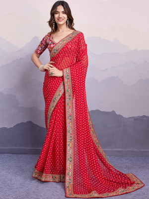 Peachmode Printed Bollywood Georgette Saree(Red)
