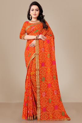 Kanooda Prints Printed Bandhani Georgette Saree(Light Green)
