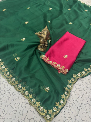 Pfancy silk Embroidered Kanjivaram Silk Blend Saree(Dark Green)