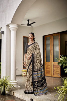 KRISHU ETHNICS Printed Daily Wear Cotton Silk Saree(Beige)
