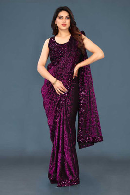 HouseOfCommon Digital Print, Embroidered, Solid/Plain, Printed Bollywood Lycra Blend Saree(Purple)