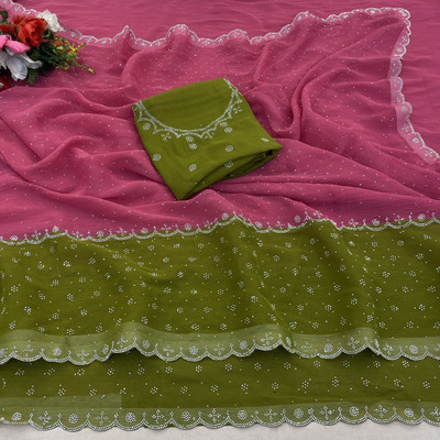 VarniRaaj Fashion Embellished Bollywood Organza Saree(Pink)