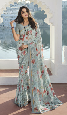 MEETVIN COUTURE Printed, Digital Print, Graphic Print, Floral Print, Self Design Daily Wear Chiffon, Georgette Saree(Light Blue)