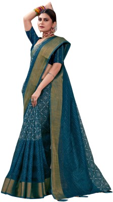 Akhilam Embroidered Bandhani Silk Blend Saree(Dark Green)