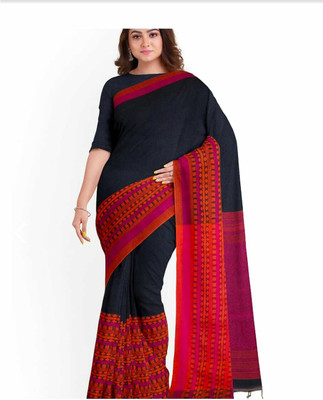 Balika bodhu Self Design Handloom Pure Cotton Saree(Black, Red)