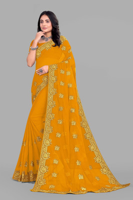 Lighthouse Solid/Plain Bollywood Georgette Saree(Yellow)