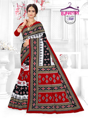 LYNETH Printed Sambalpuri Pure Cotton Saree(White, Black, Red)