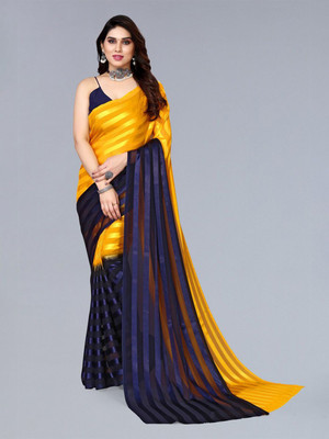 Moda Rapido Striped Daily Wear Satin Saree(Yellow, Blue)
