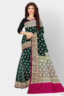 MUBARAK Woven Banarasi Satin Saree(Dark Green)