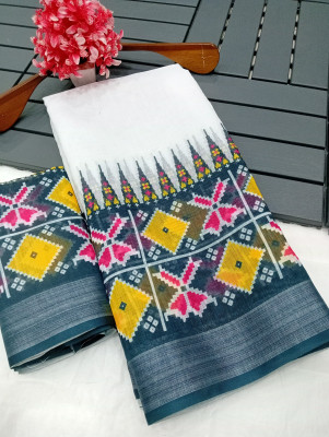 AARAANA Woven, Self Design, Geometric Print Kanjivaram Linen Saree(White)