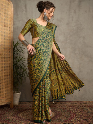 ANOUK Printed Hand Batik Crepe Saree(Green)
