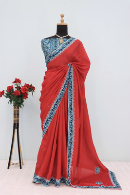 RIDDHISIDDHI NX Embroidered Bollywood Silk Blend Saree(Red)