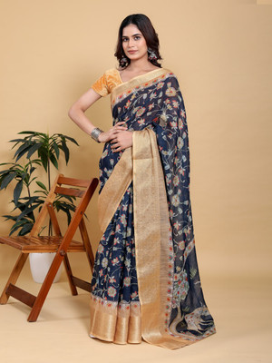 MANASTEXTILS Printed, Floral Print, Animal Print Daily Wear Cotton Linen Saree(Dark Blue, Multicolor)