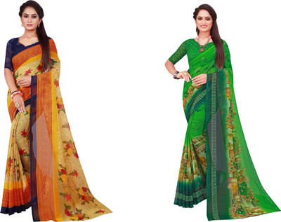 Saadhvi Printed Daily Wear Georgette Saree(Pack of 2, Brown)