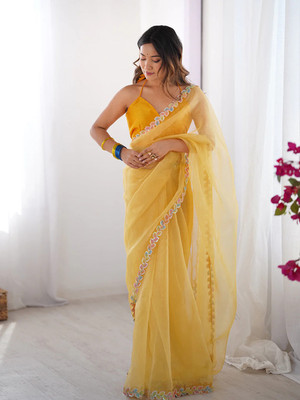 Yozzby Embellished Bollywood Georgette Saree(Yellow)