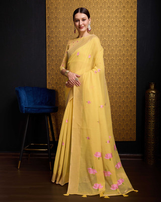 Divastri Floral Print Bollywood Linen Saree(Yellow)