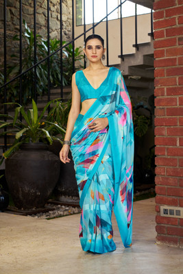 Divastri Printed Bollywood Georgette Saree(Light Blue)