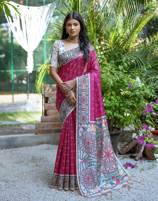 Tasrika Printed Madhubani Tussar Silk Saree(Pink)