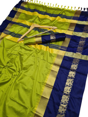 VK UNIQ Solid/Plain Banarasi Handloom Cotton Silk Saree(Green)
