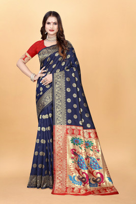 DHAYNAAND REEWA FASHION Woven Banarasi Jacquard Saree(Dark Blue)