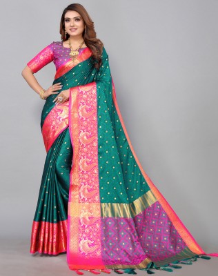 Satrani Woven, Embellished, Self Design Kanjivaram Art Silk, Jacquard Saree(Green, Pink)