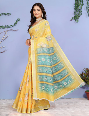 HouseOfCommon Digital Print Kanjivaram Pure Cotton, Cotton Linen Saree(Yellow)