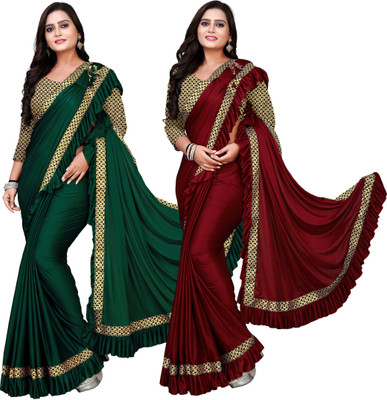 DECOFIN Woven, Solid/Plain Bollywood Lycra Blend Saree(Pack of 2, Red, Green)