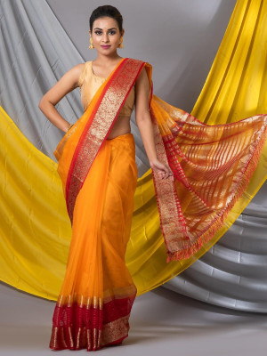 swakarika Striped Bollywood Organza Saree(Red)
