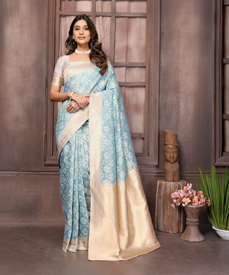 Janasya Woven, Self Design Kanjivaram Cotton Blend Saree(Light Blue)