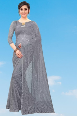 NORAFLEX Embroidered Bollywood Net Saree(Grey)