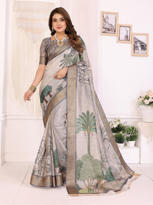 Divastri Digital Print Banarasi Silk Blend Saree(White)