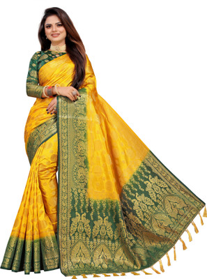 DHRUVIL TEXTILES Woven Banarasi Cotton Silk Saree(Yellow)