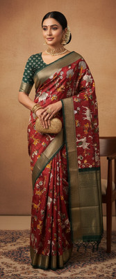 LOHEE Woven Kalamkari Silk Blend Saree(Maroon, Dark Green)