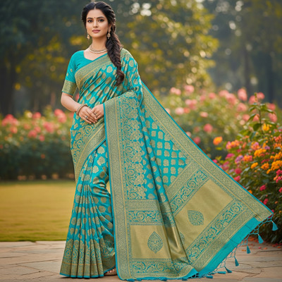 SVARIYA Self Design Saree with Attached Blouse Cotton Blend Saree(Blue, Gold)