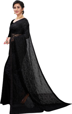 VioProm Floral Print Bollywood Net Saree(Black)