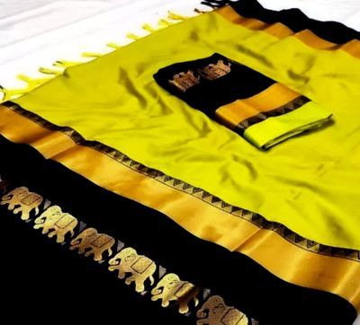 MoonTextile Temple Border Assam Silk Cotton Silk Saree(Mustard)