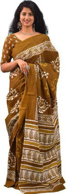 Tropwear Printed, Self Design, Digital Print, Hand Painted, Blocked Printed Ikkat Pure Cotton Saree(Brown)